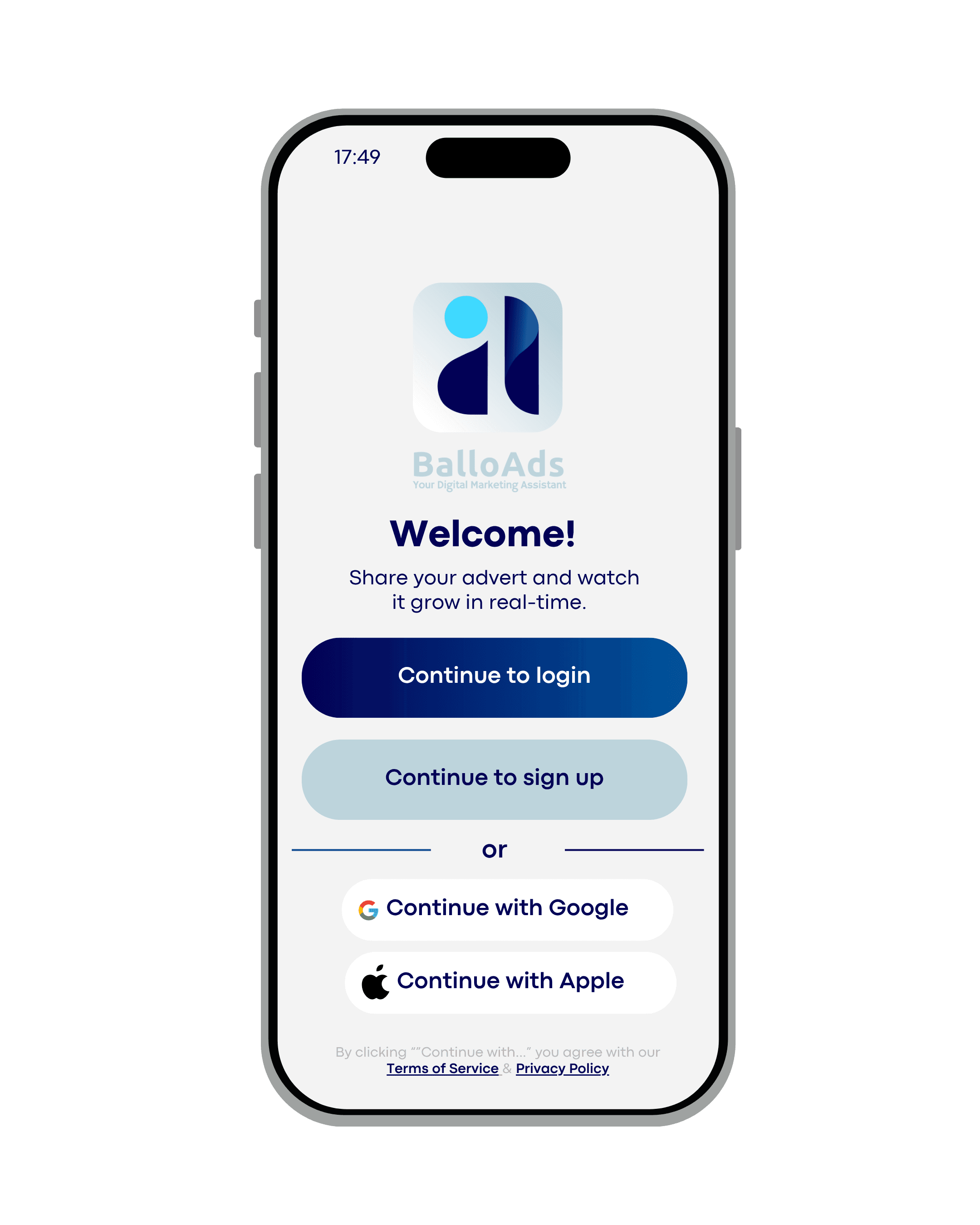 BalloAds app screen — sign up